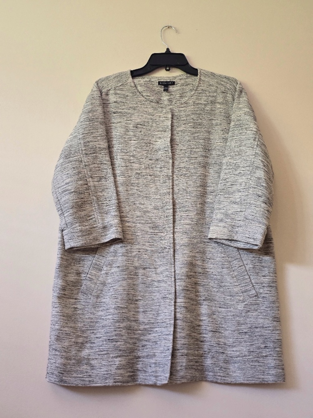 Eileen Fisher Ecru Tweed Long Jacket Cotton Blend SzL